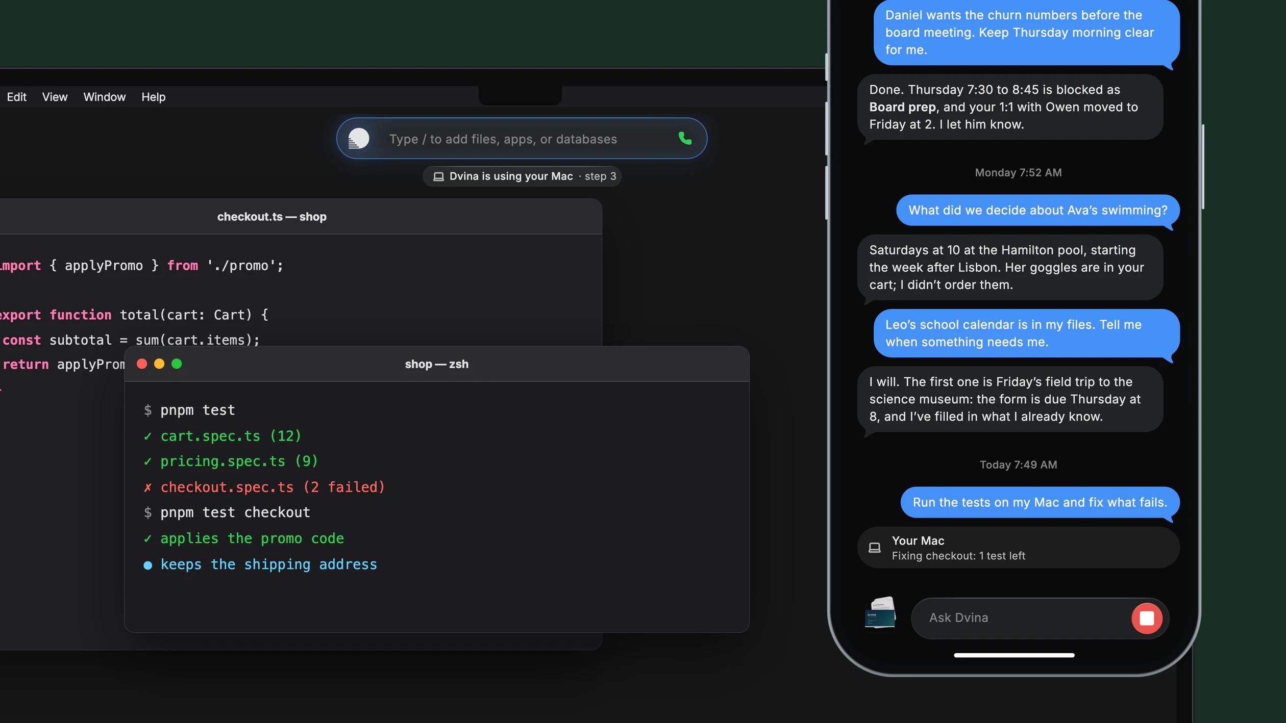 یک MacBook Pro در حال اجرای آزمون‌ها در Terminal، با نوار Dvina که می‌گوید «Dvina در حال استفاده از Mac شماست»؛ کنار آن یک iPhone با درخواست «آزمون‌ها را روی Mac من اجرا کن و خطاها را برطرف کن» و زیر آن «Mac شما: در حال رفع مشکل تکمیل خرید، ۱ آزمون باقی مانده».