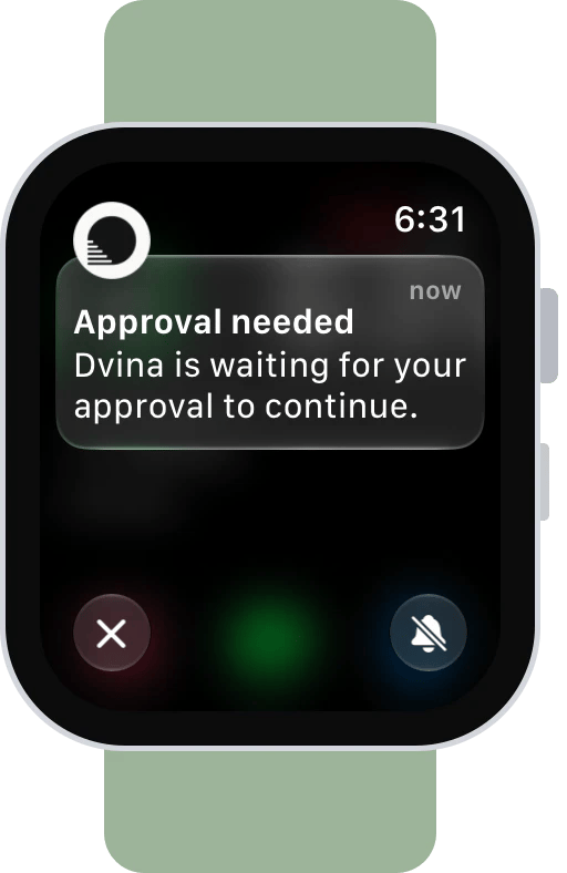 اعلانی از Dvina روی Apple Watch: «تأیید لازم است. Dvina برای ادامه منتظر تأیید شماست.»