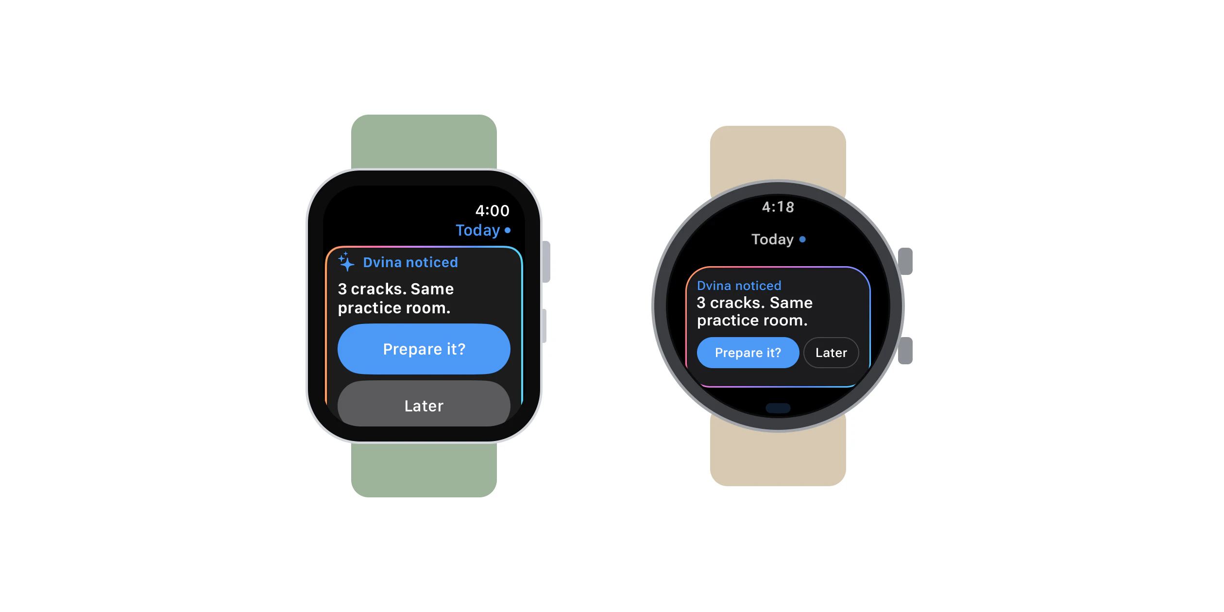 یک Apple Watch و یک Galaxy Watch با Wear OS که هر دو نشان می‌دهند: «Dvina متوجه شد: ۳ ترک. همگی در همان اتاق تمرین.» همراه با گزینه‌های «آماده‌اش کنم؟» و «بعداً».