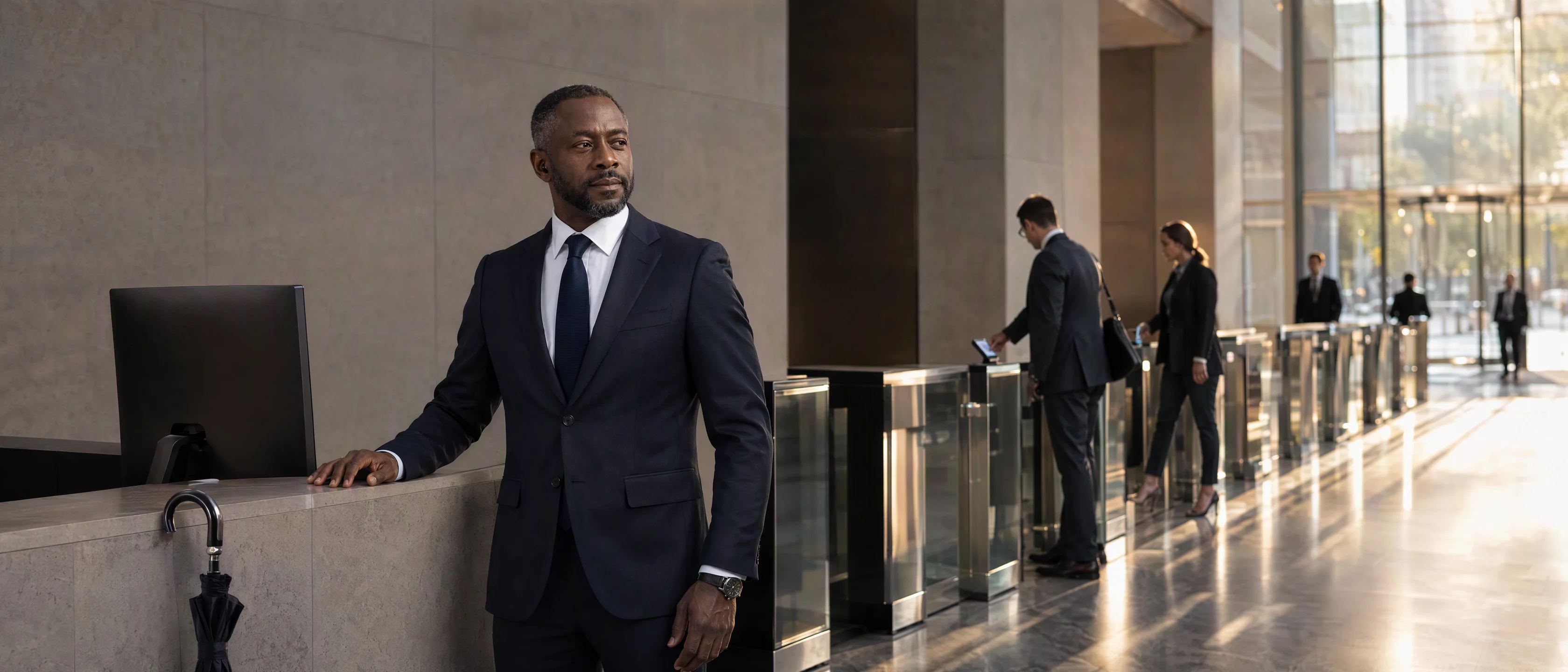 7 AM at a tower’s security gates: badges tapping in, the security operations manager in command at the gate desk.
