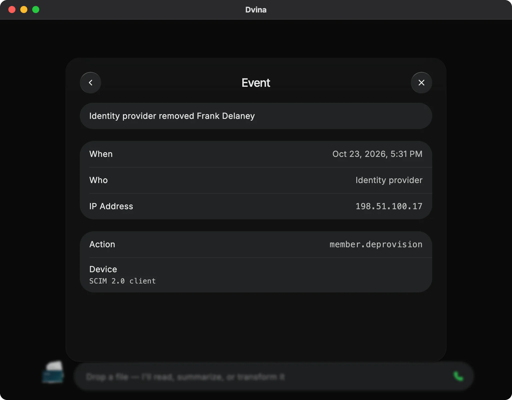 The Audit Log window, the event Identity provider removed Frank Delaney opened: When, Who, IP Address and Device.