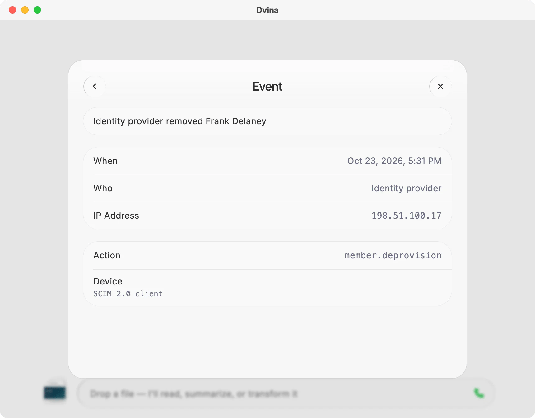 The Audit Log window, the event Identity provider removed Frank Delaney opened: When, Who, IP Address and Device.
