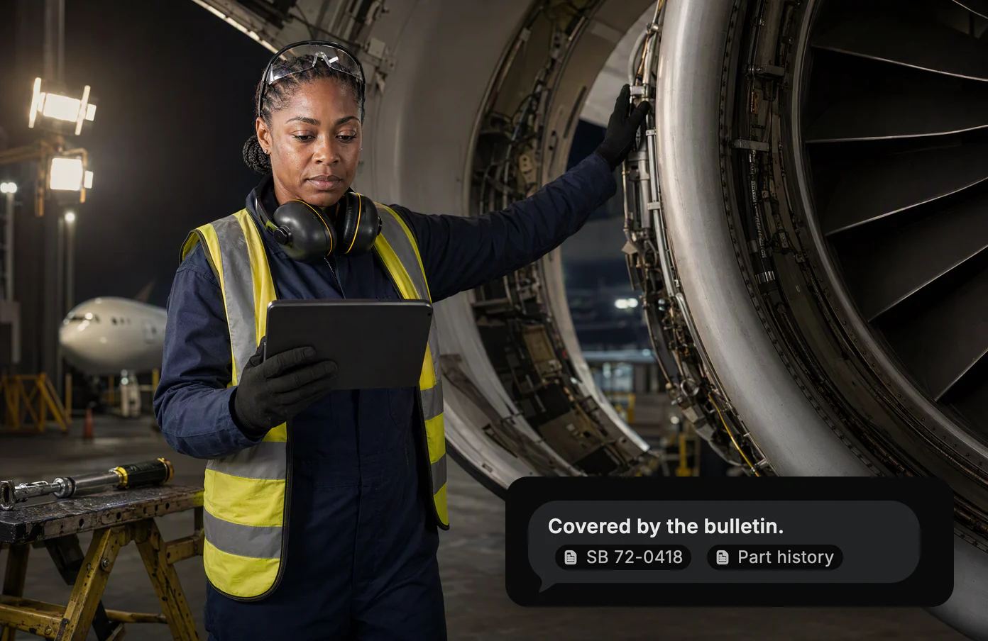 Tasha, an aircraft engineer, beside a widebody’s open engine cowling in a hub’s hangar at night with a tablet; the answer: covered by the bulletin, two sources.