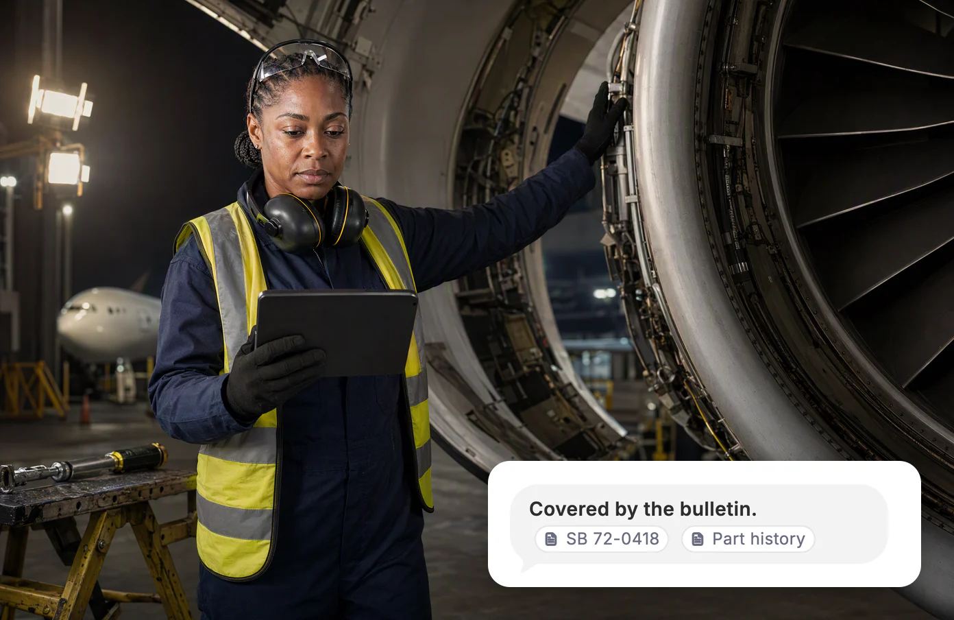Tasha, an aircraft engineer, beside a widebody’s open engine cowling in a hub’s hangar at night with a tablet; the answer: covered by the bulletin, two sources.