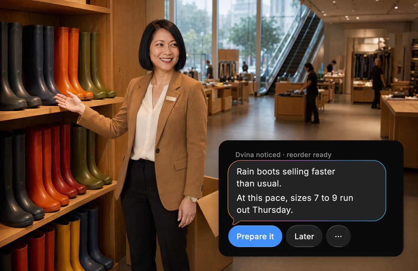 Kayla, the store director, on the floor of a four-storey flagship store before opening; Dvina noticed rain boots selling faster than usual.