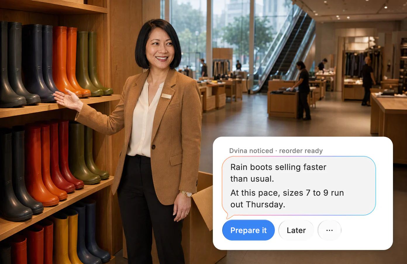 Kayla, the store director, on the floor of a four-storey flagship store before opening; Dvina noticed rain boots selling faster than usual.