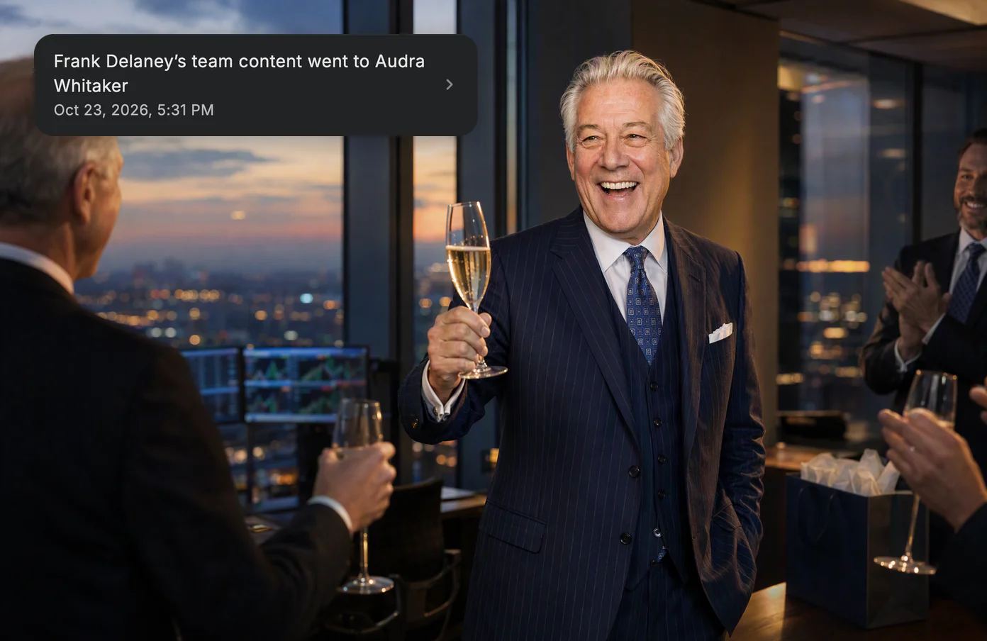 Frank laughing at his farewell on a bank tower’s high floor at dusk, a glass raised; the audit log shows his team content went to Audra Whitaker.