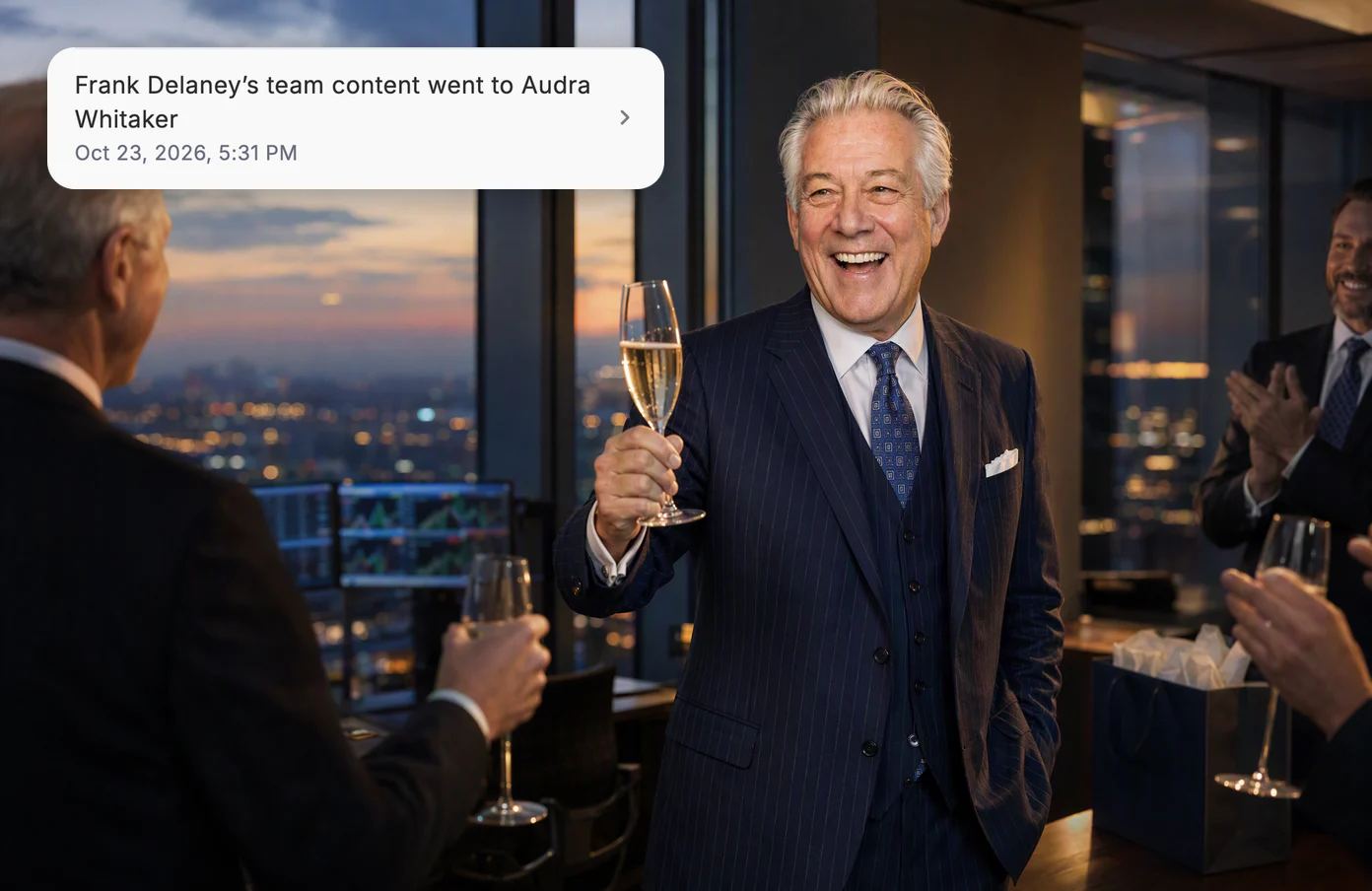 Frank laughing at his farewell on a bank tower’s high floor at dusk, a glass raised; the audit log shows his team content went to Audra Whitaker.