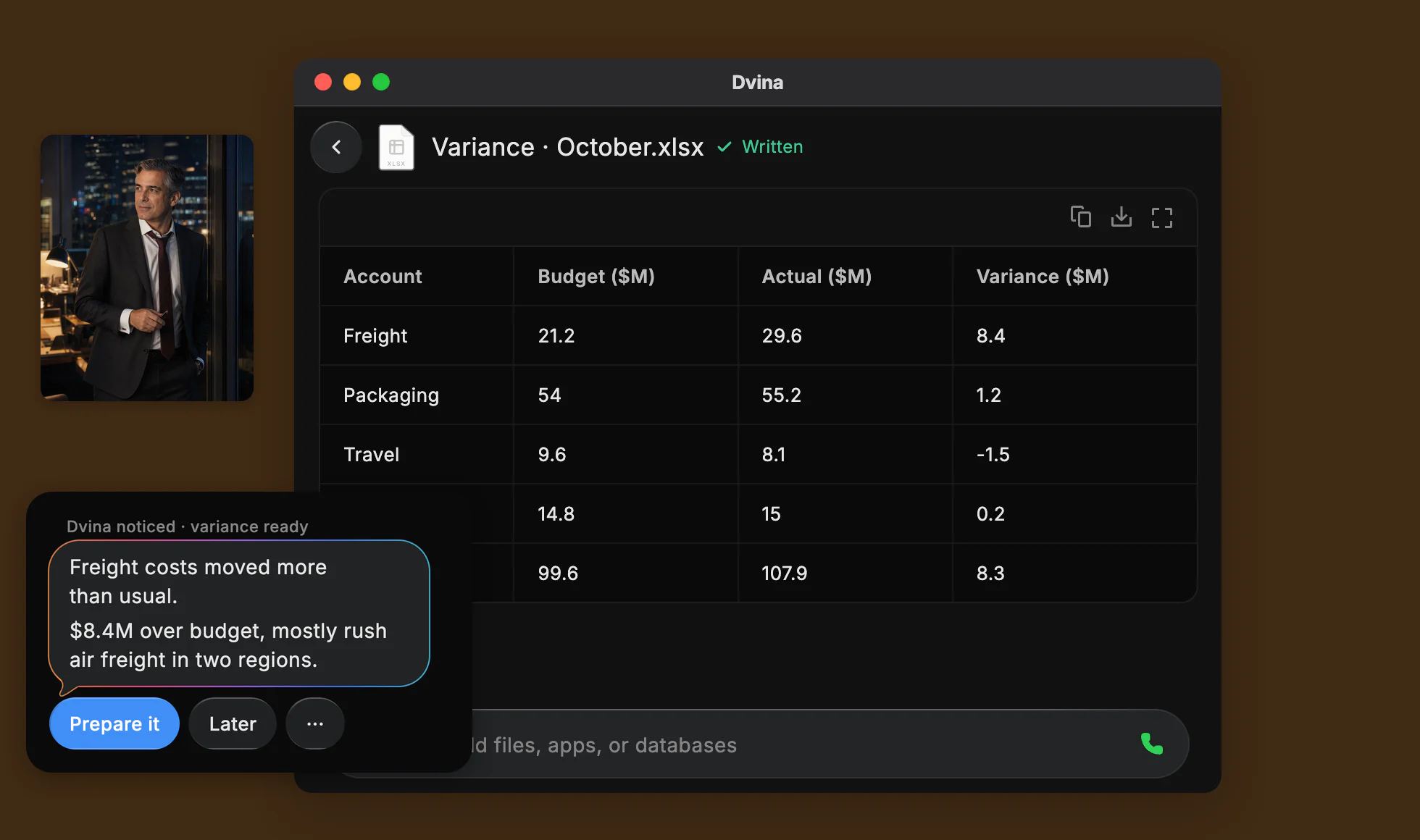 Gabriel on a tower’s finance floor at 7 PM, beside a Mac window with Dvina’s card, freight costs moved more than usual, and the October variance workbook.