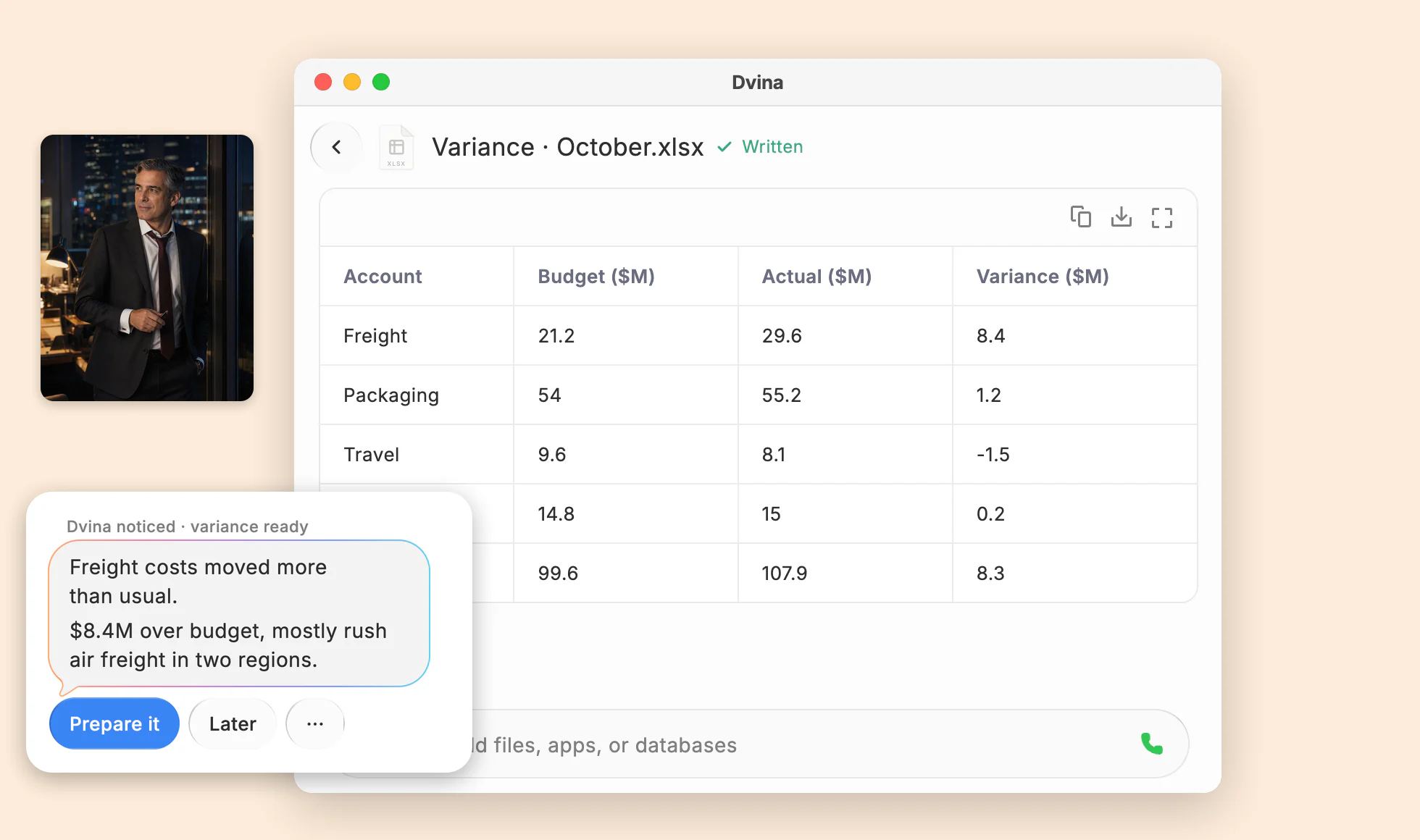 Gabriel on a tower’s finance floor at 7 PM, beside a Mac window with Dvina’s card, freight costs moved more than usual, and the October variance workbook.