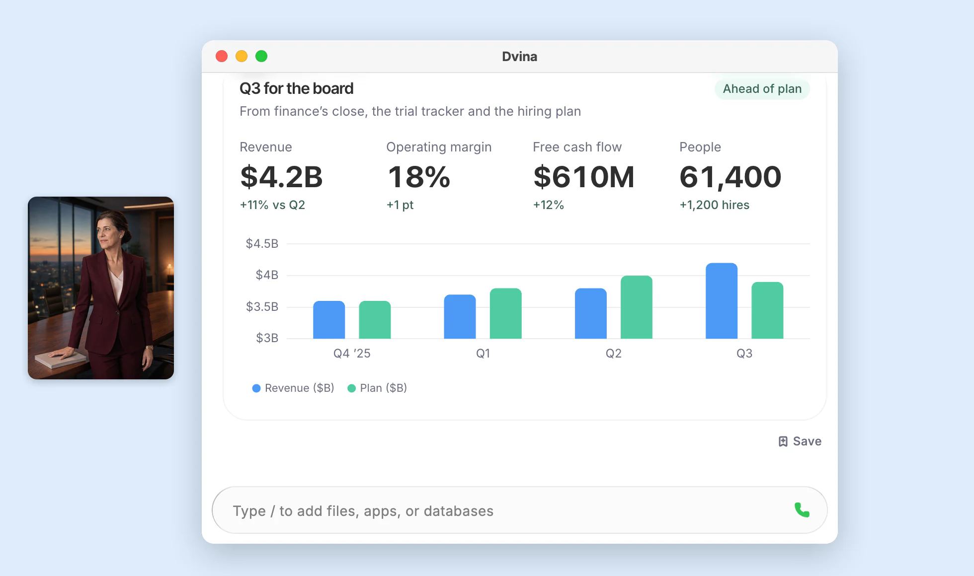 Valerie at the window of a top-floor boardroom at dusk, a hand on the board book, beside a Mac window where Dvina answers with Q3 for the board: revenue $4.2B, operating margin 18%, free cash flow $610M, 61,400 people, revenue against plan by quarter.