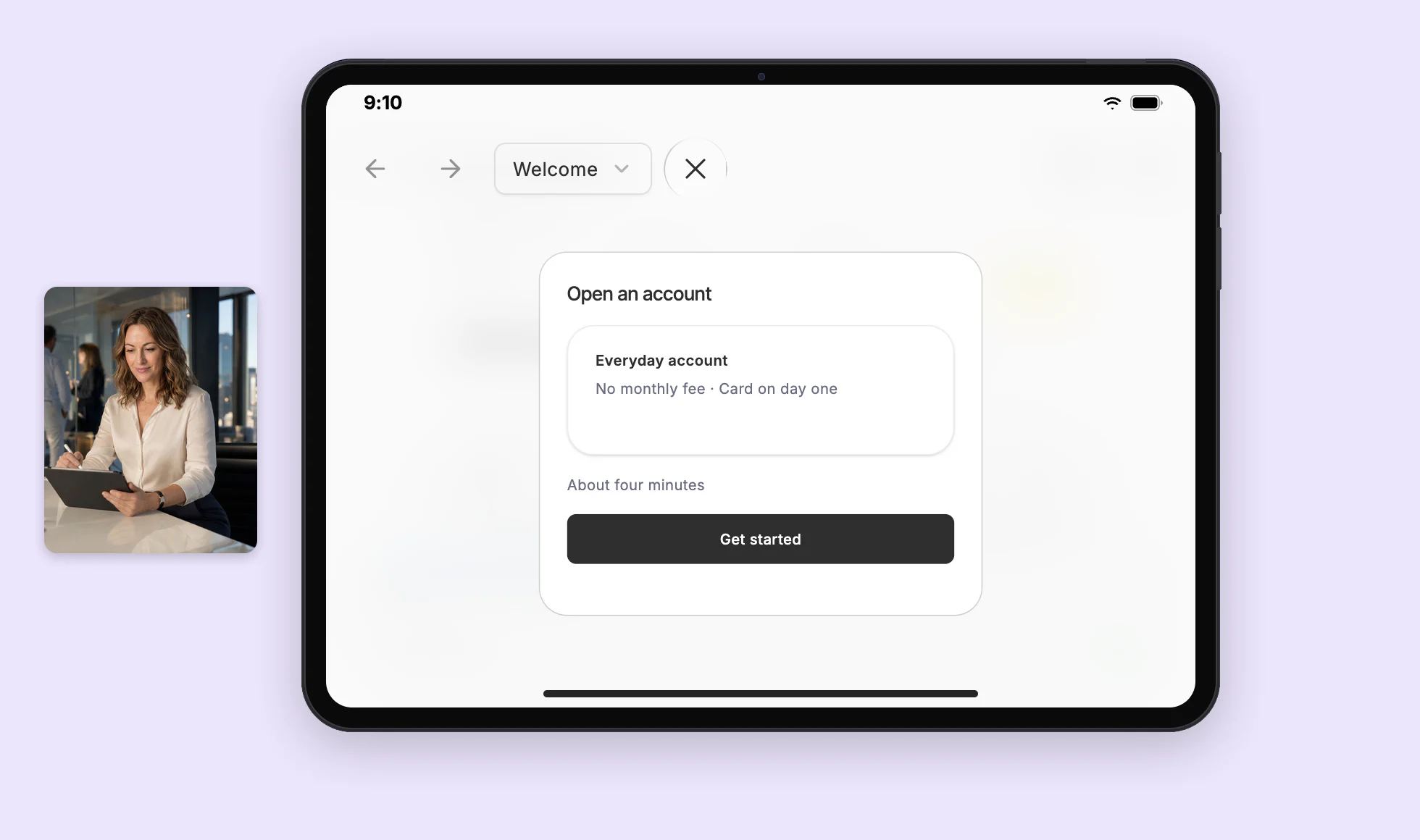 Abby in a glass design-review room on a high floor, beside an iPad with an artboard of the account-opening flow, Welcome, Verify and Ready, its prototype playing.