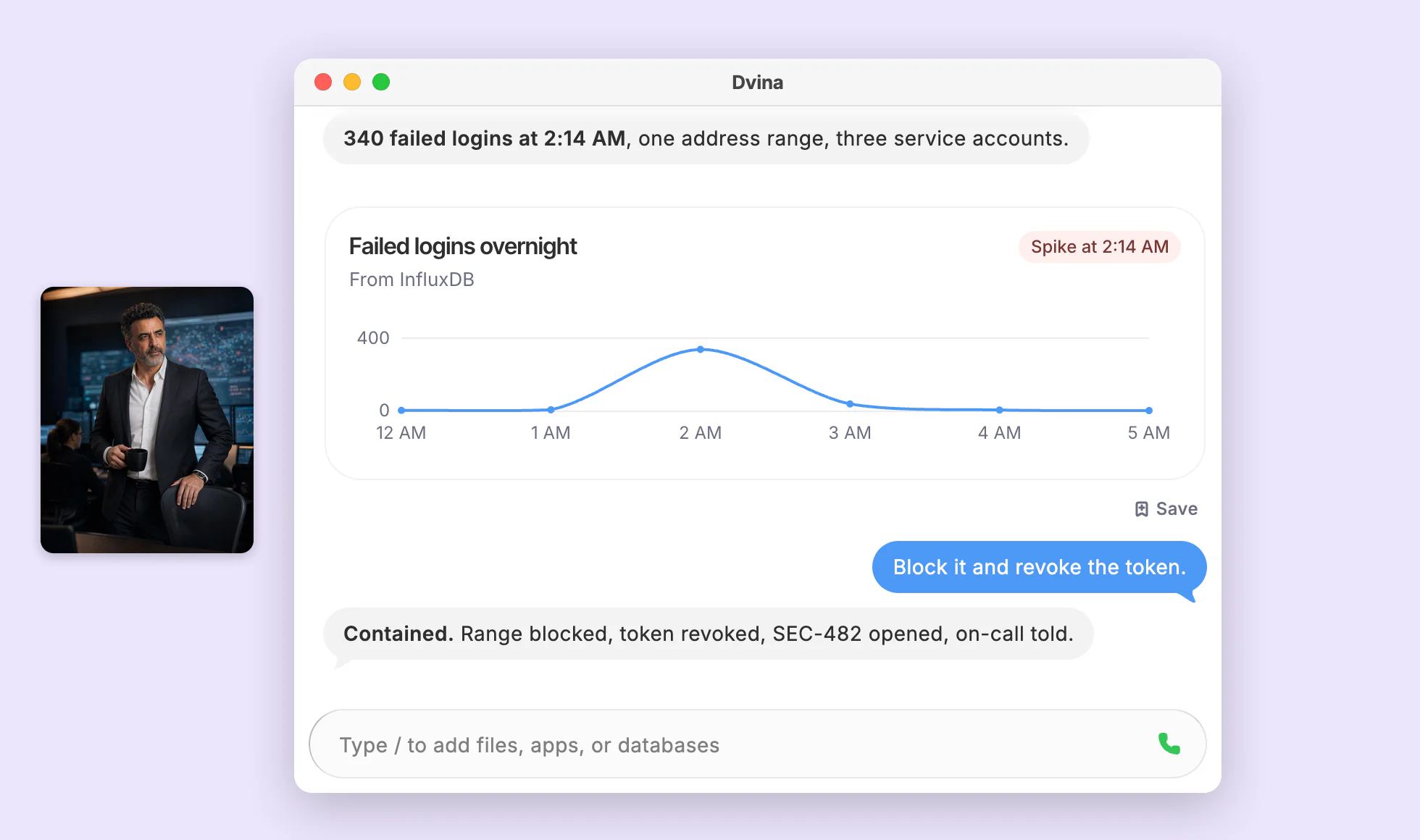 Darius at 6:40 AM in the security operations center, beside a Mac window where Dvina answers from InfluxDB: 340 failed logins at 2:14 AM from one address range, then, once he says go, the range blocked, the token revoked, an issue opened and on-call told: Contained.