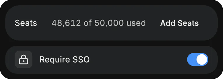 Dvina’s settings: Seats, 48,612 of 50,000 used. Require SSO, on.