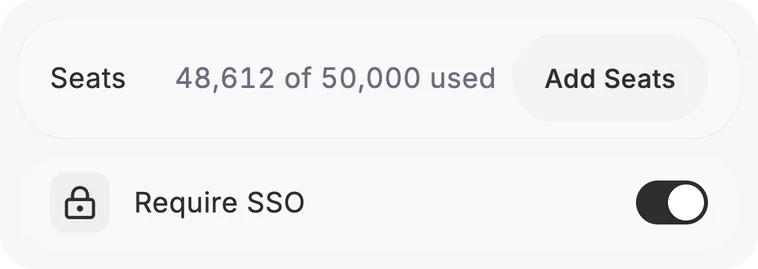 Dvina’s settings: Seats, 48,612 of 50,000 used. Require SSO, on.