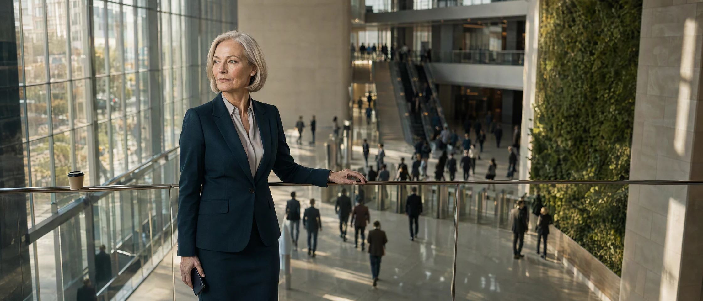 The group CIO on the mezzanine of a glass headquarters lobby at 8:45 AM, hundreds of colleagues coming through the turnstiles below. Over it, Dvina’s settings: 48,612 of 50,000 seats used, Require SSO on.