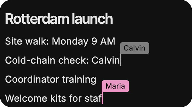 The Rotterdam launch page with Calvin’s and Maria’s named carets on it at once.