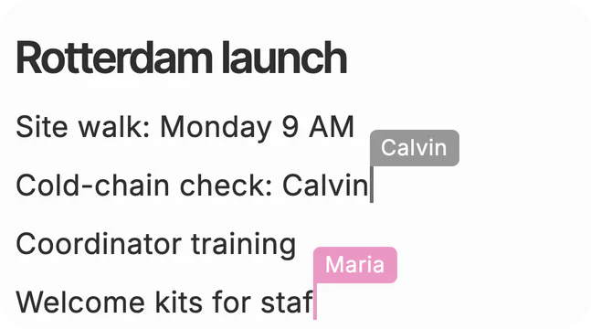 The Rotterdam launch page with Calvin’s and Maria’s named carets on it at once.