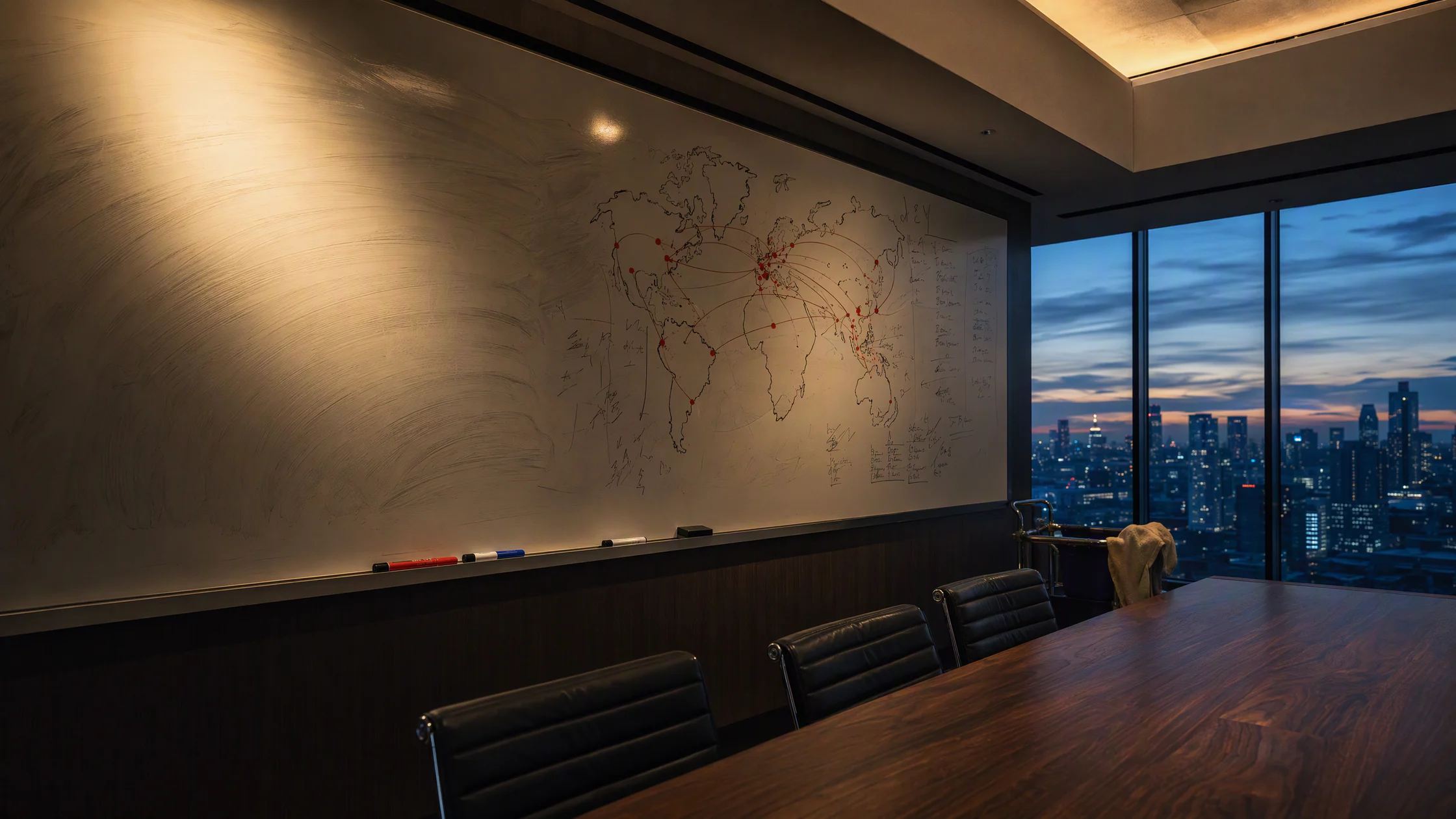 A war room high in a tower at dusk, the whiteboard half wiped by the cleaning crew, a map of cold-chain sites still on one half.