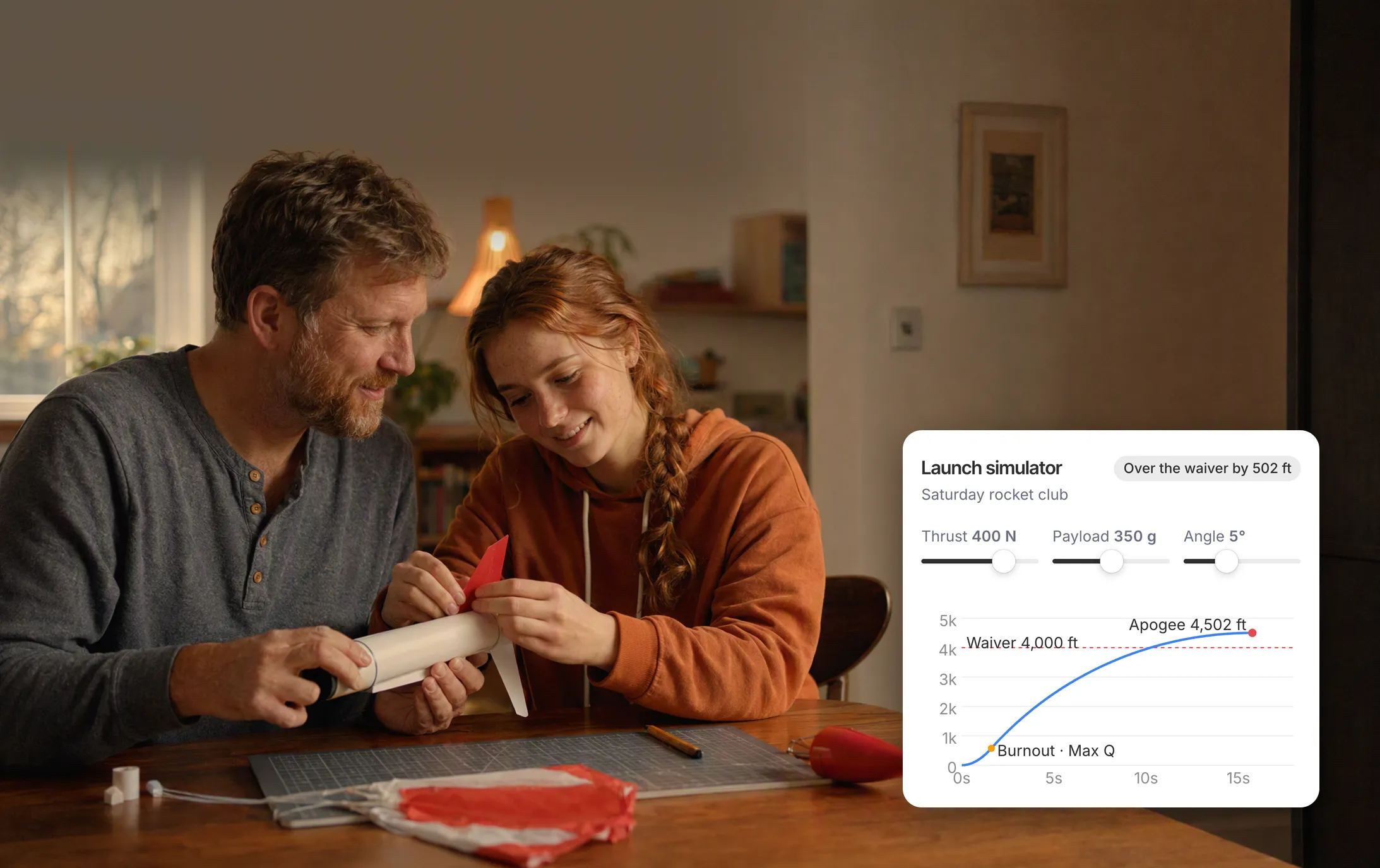 A dad and his college-age daughter fit fins on a model rocket at the kitchen table, beside the launch simulator Dvina built for it: thrust, payload and angle, with the flight plotted 502 ft over the field's 4,000 ft waiver.