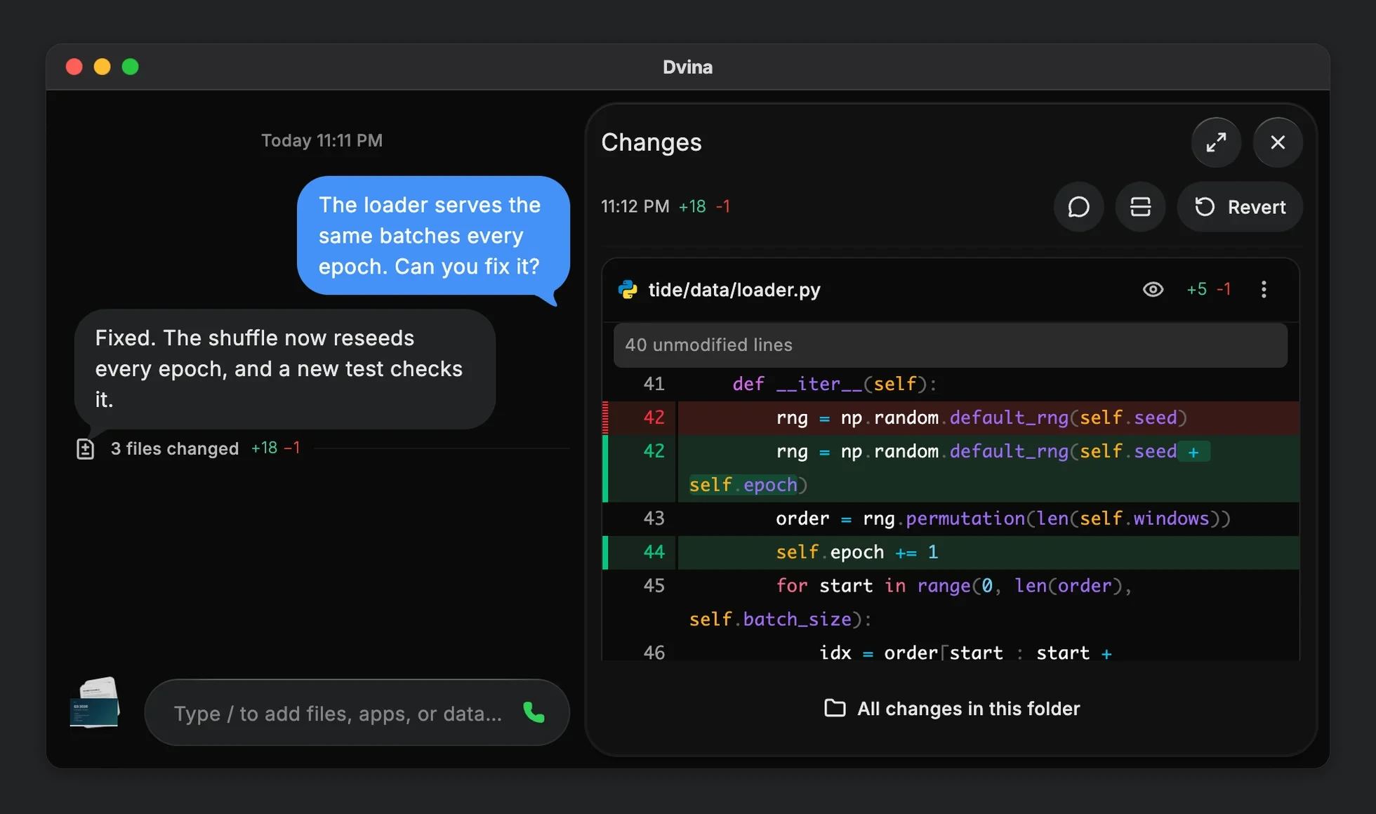 In the Dvina desktop app, a repository’s loader fixed in one turn: the reply explains it, and the three changed files and the diff are open beside it.