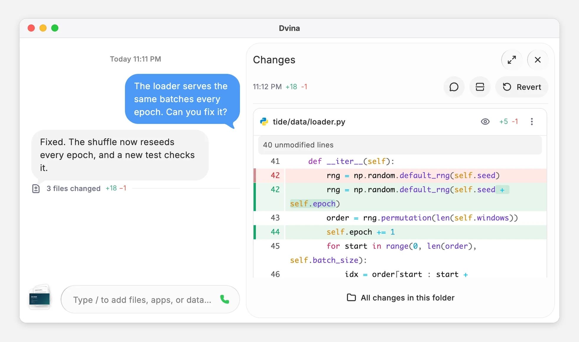In the Dvina desktop app, a repository’s loader fixed in one turn: the reply explains it, and the three changed files and the diff are open beside it.