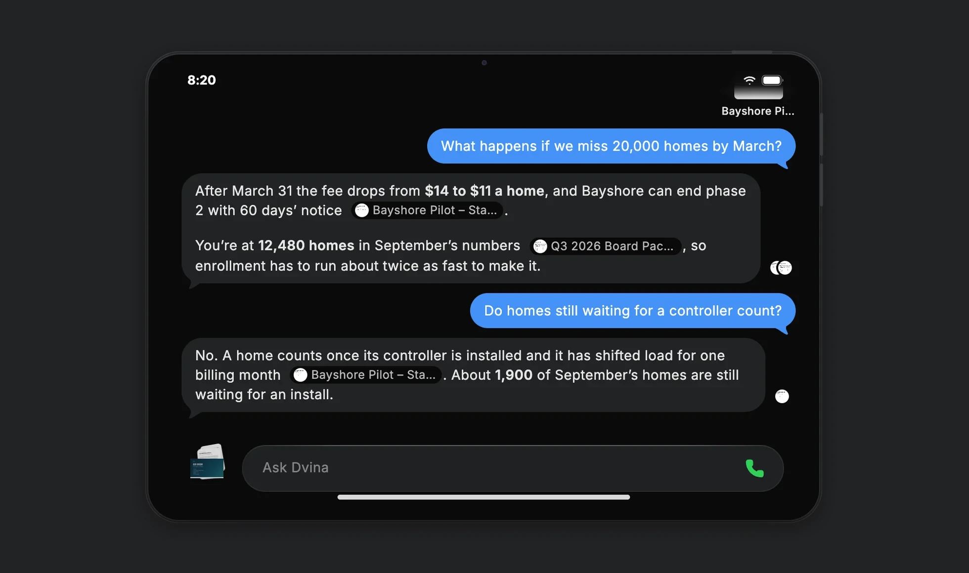 On an iPad Pro, two answers from the Bayshore contract and the board pack, each citing its source and page.