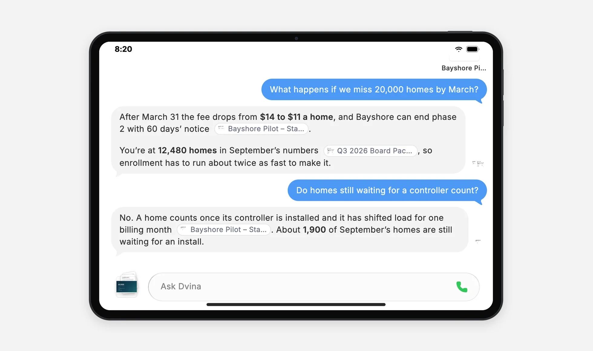 On an iPad Pro, two answers from the Bayshore contract and the board pack, each citing its source and page.