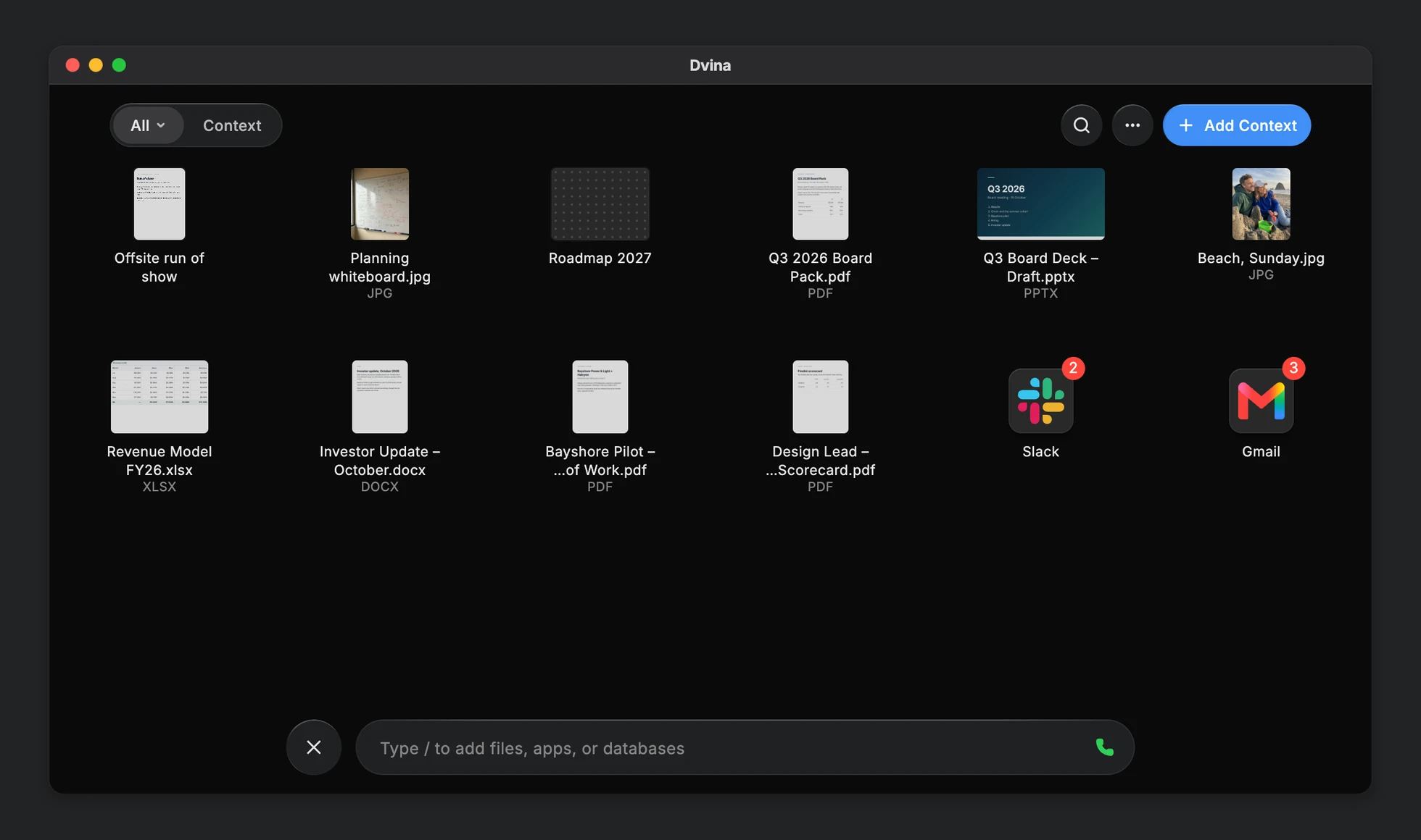 In a Mac window, Dvina’s Feed: where the week went, the Q3 board meeting, the Lisbon offsite, the move and Leo’s school, each topic with its sources.