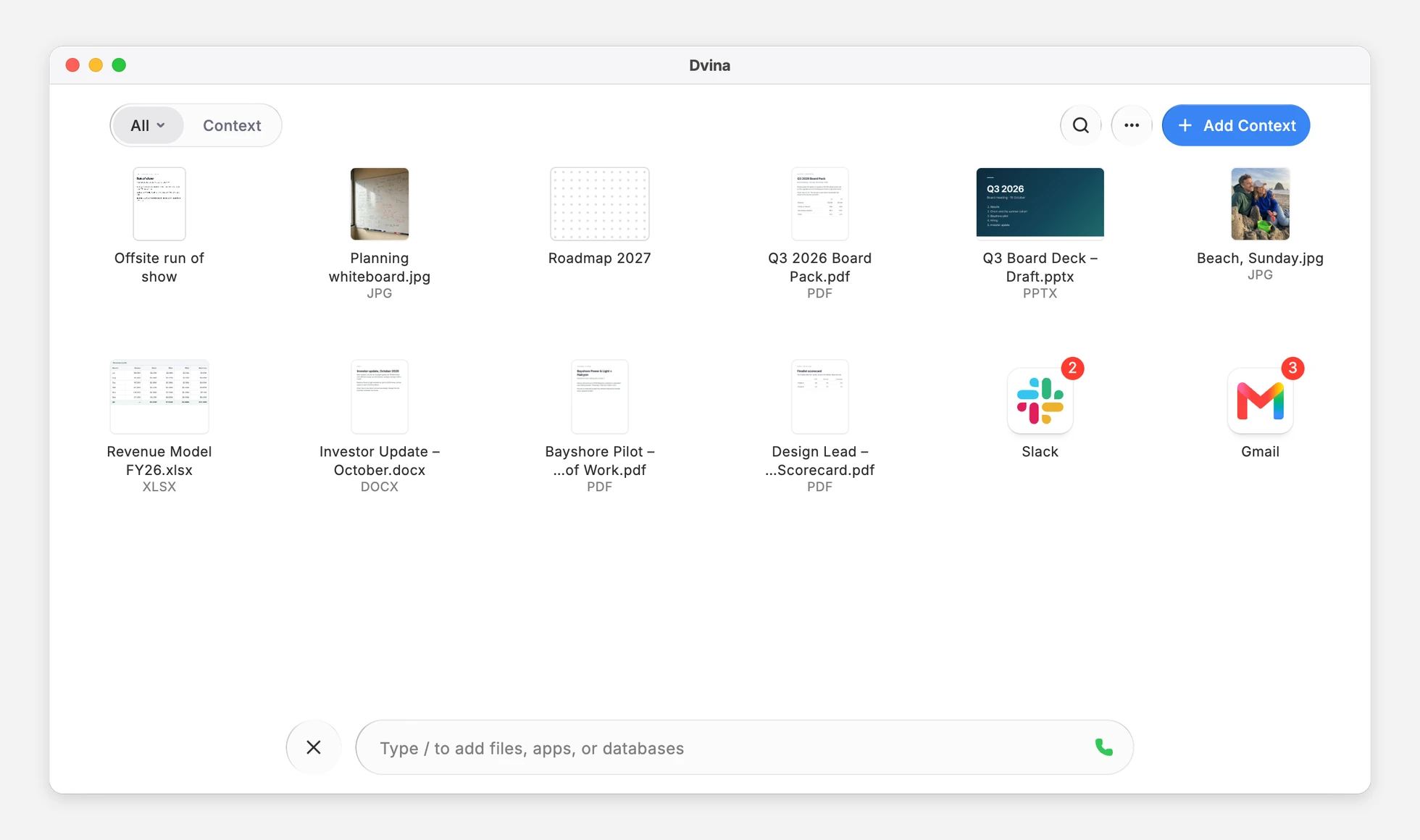 In a Mac window, Dvina’s Feed: where the week went, the Q3 board meeting, the Lisbon offsite, the move and Leo’s school, each topic with its sources.