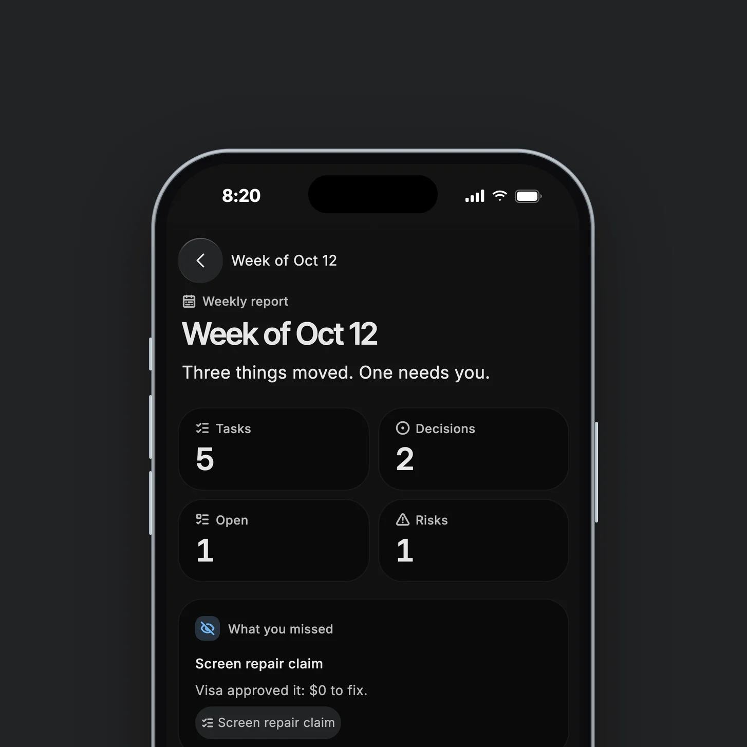 On an iPhone, Dvina’s weekly report for the week of October 12: “Three things moved. One needs you.” Tasks 5, Decisions 2, Open 1, Risks 1, then what you missed and the key findings.