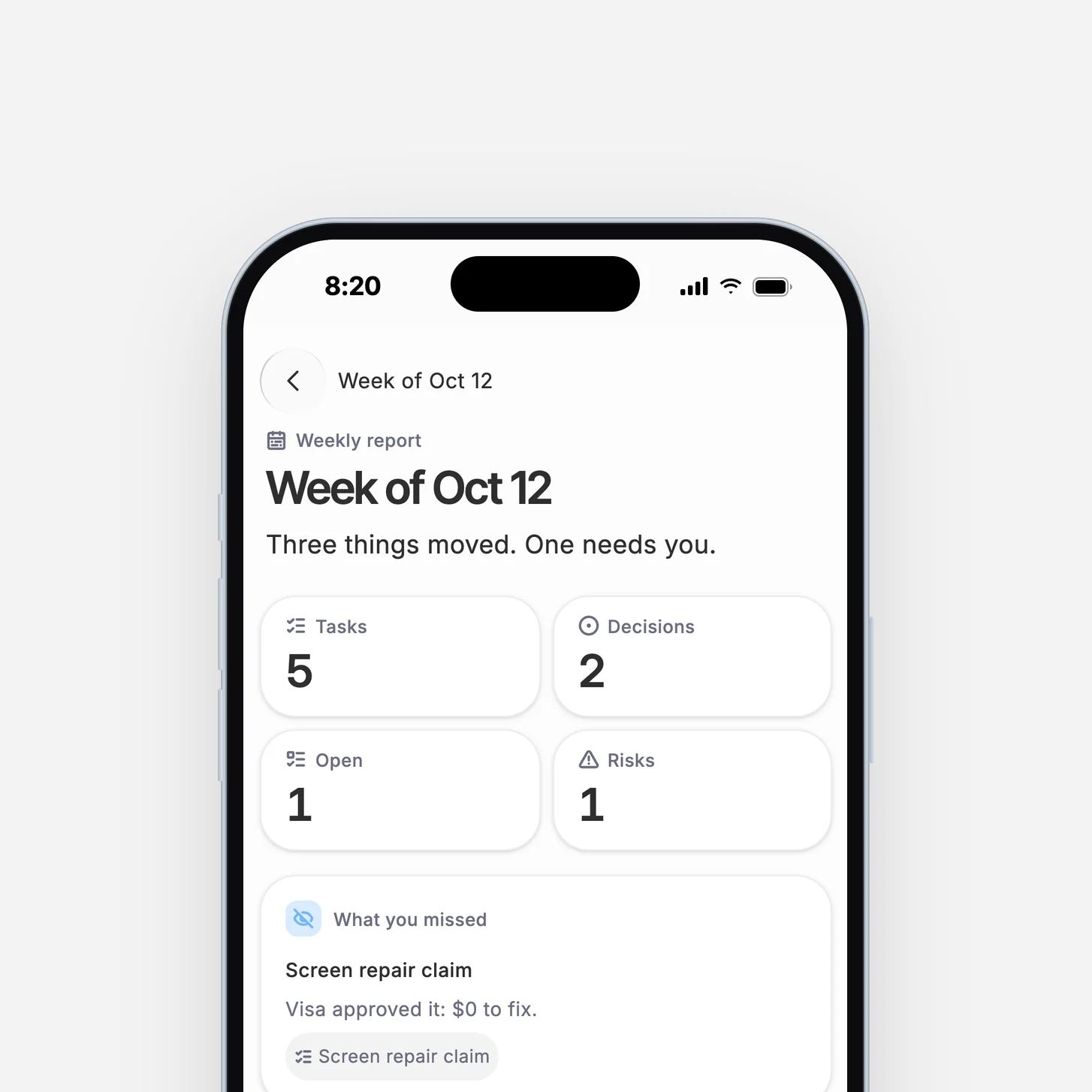 On an iPhone, Dvina’s weekly report for the week of October 12: “Three things moved. One needs you.” Tasks 5, Decisions 2, Open 1, Risks 1, then what you missed and the key findings.