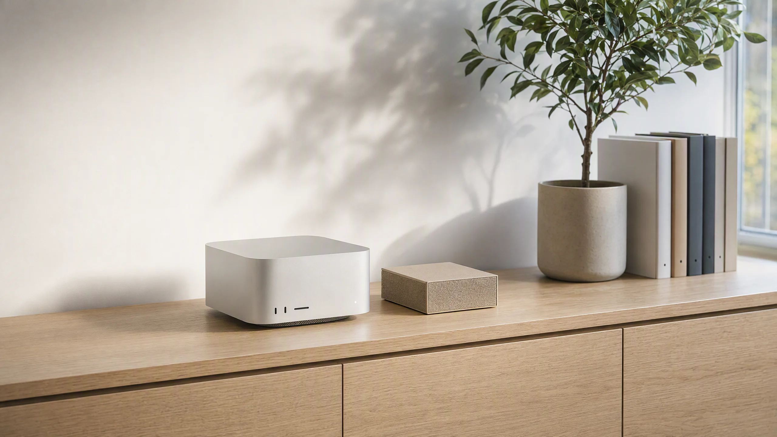 A Mac Studio and an NVIDIA DGX Spark side by side on an oak shelf in a bright small office.