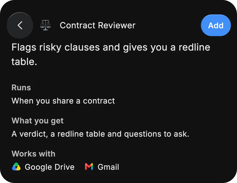 Kontrola smluv, hotový agent: upozorňuje na riziková ustanovení a pracuje s Google Drive a Gmailem.