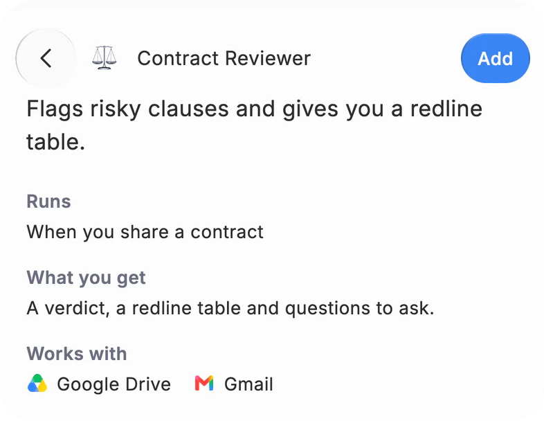Kontrola smluv, hotový agent: upozorňuje na riziková ustanovení a pracuje s Google Drive a Gmailem.