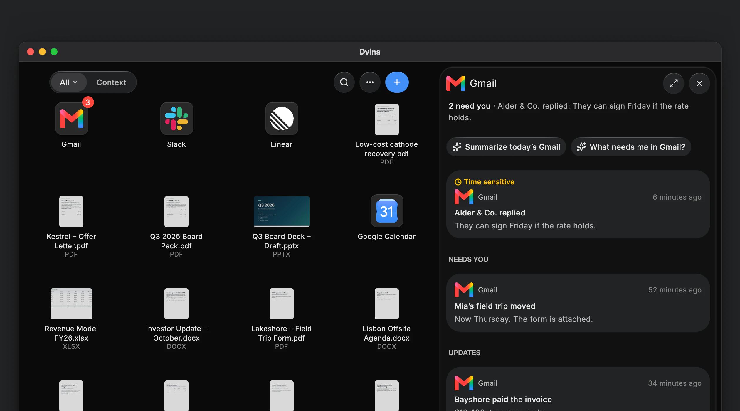 Dvina on a Mac: the Feed with your mail app risen to the top, its new activity marked, and its Pulses open beside it: 2 need you, Alder & Co. replied, they can sign Friday if the rate holds.
