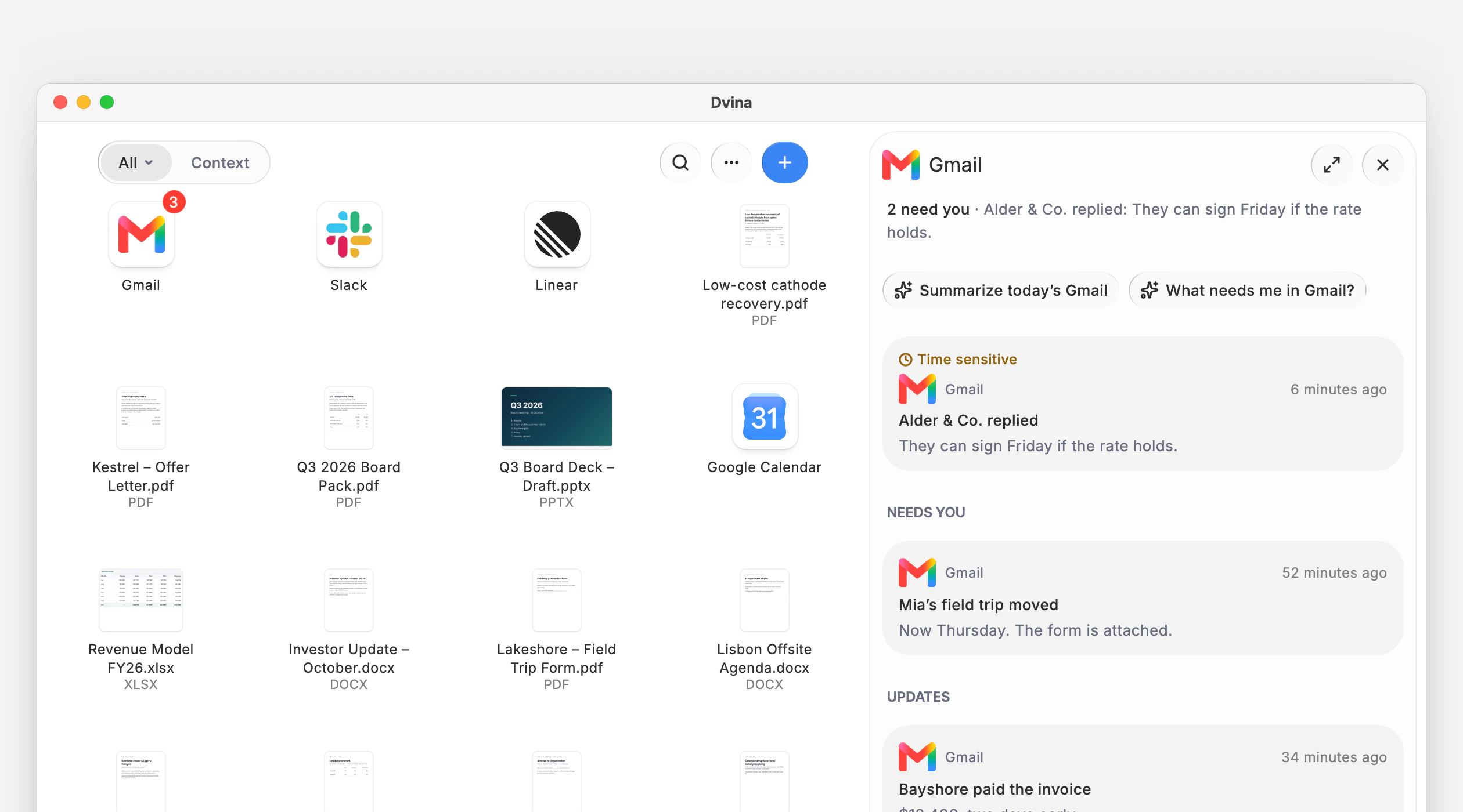 Dvina on a Mac: the Feed with your mail app risen to the top, its new activity marked, and its Pulses open beside it: 2 need you, Alder & Co. replied, they can sign Friday if the rate holds.