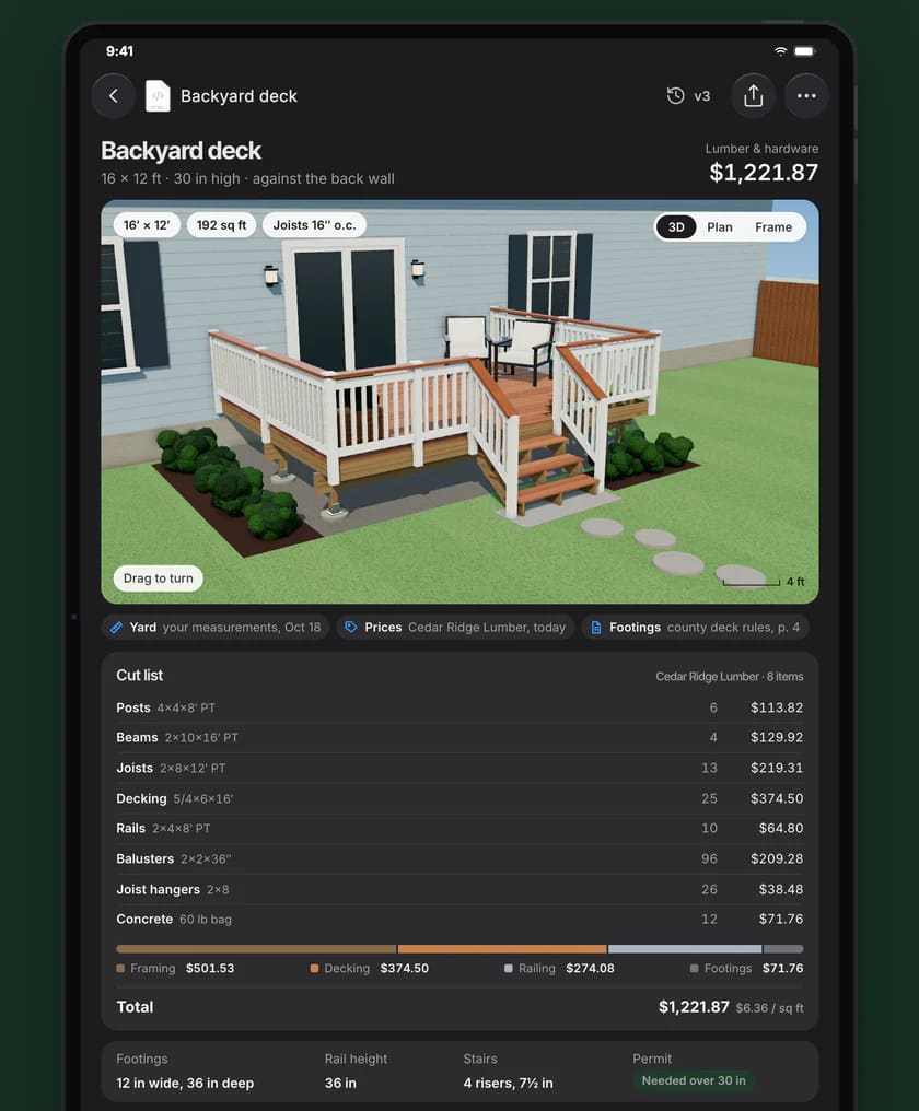 The backyard deck planner on an iPad: the 3D deck and its cut list, $1,221.87 in lumber.