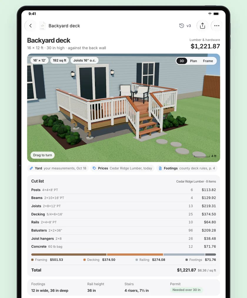 The backyard deck planner on an iPad: the 3D deck and its cut list, $1,221.87 in lumber.