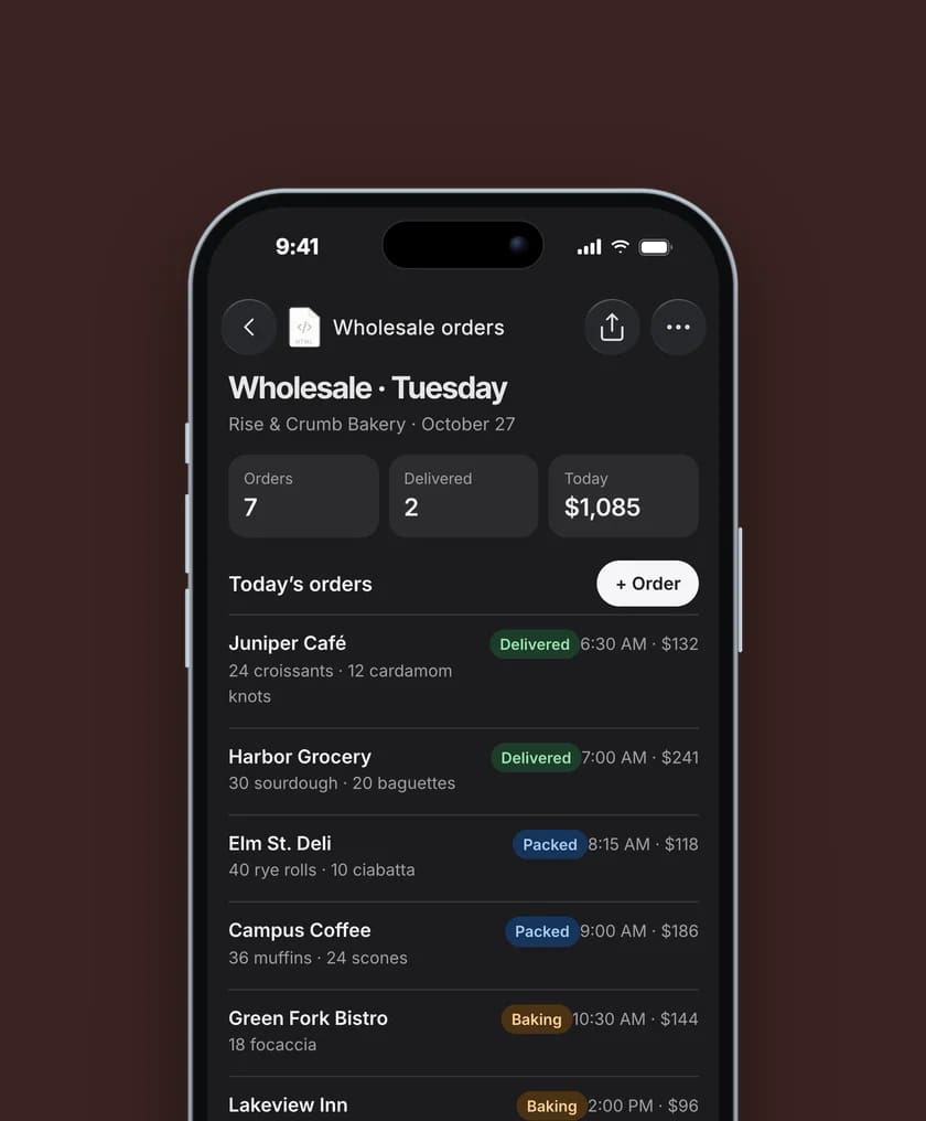 A bakery’s wholesale orders for Tuesday on an iPhone: seven orders, $1,085.