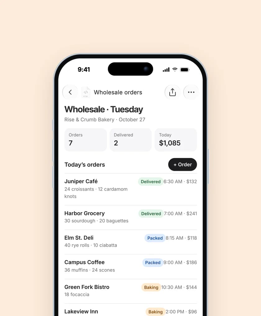 A bakery’s wholesale orders for Tuesday on an iPhone: seven orders, $1,085.