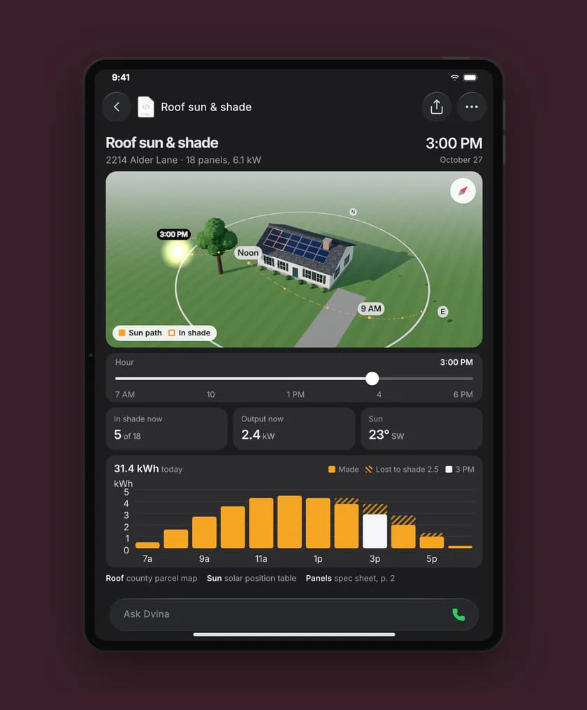 A roof sun and shade simulator on an iPad: eighteen panels, five in an oak’s shade at 3 PM, 31.4 kWh today.