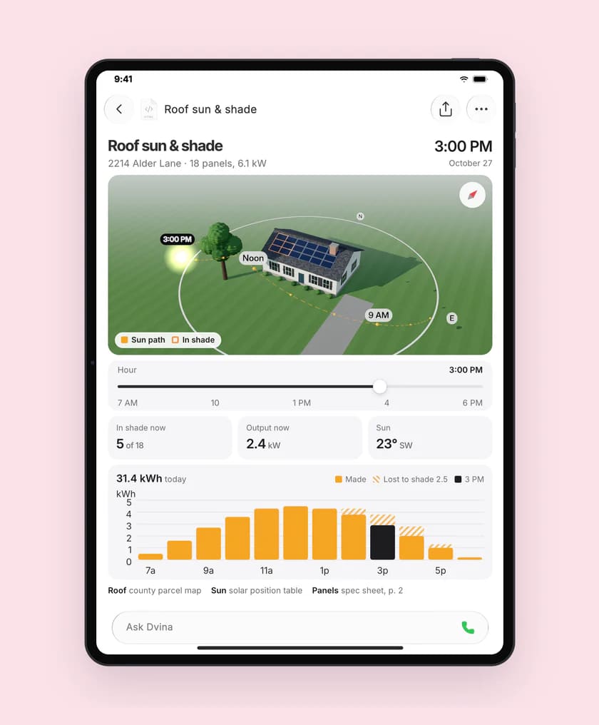 A roof sun and shade simulator on an iPad: eighteen panels, five in an oak’s shade at 3 PM, 31.4 kWh today.