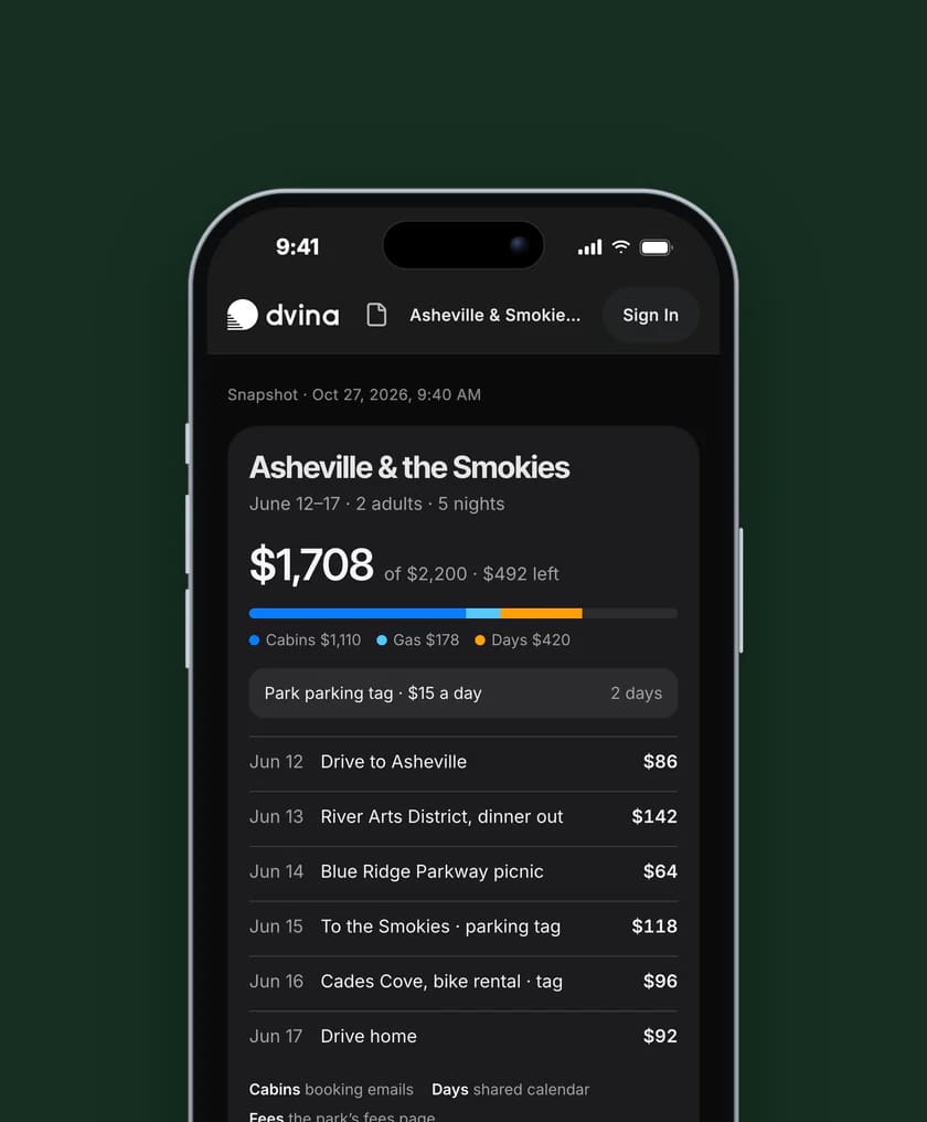 A trip budget opened at a view-only link on an iPhone, day by day and the total.
