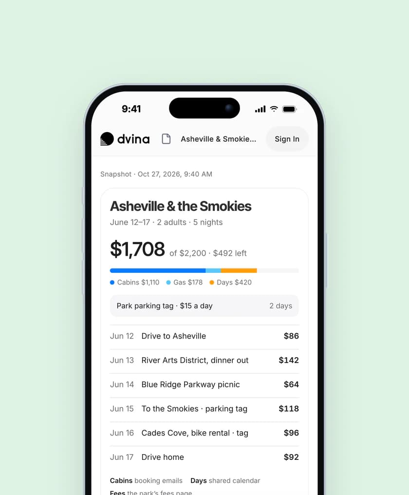 A trip budget opened at a view-only link on an iPhone, day by day and the total.