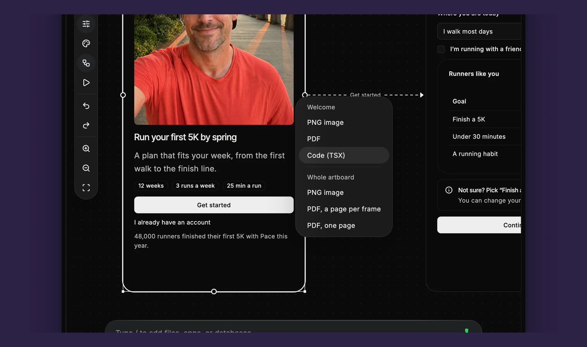 The Artboard’s export menu beside the Welcome screen: Code (TSX) highlighted, with PNG and PDF.