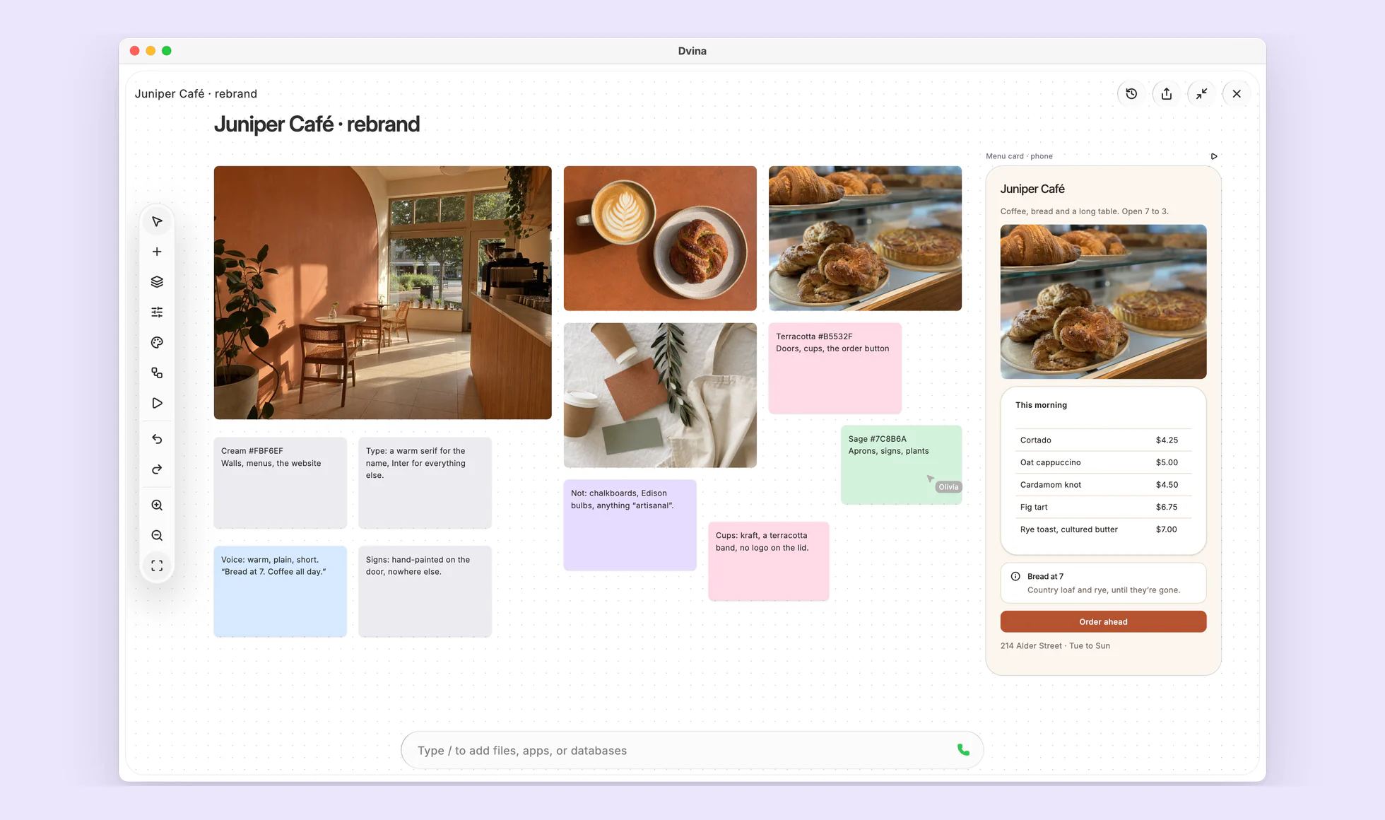 A café rebrand mood board: photos, terracotta and sage swatch notes, the menu card in the new look.