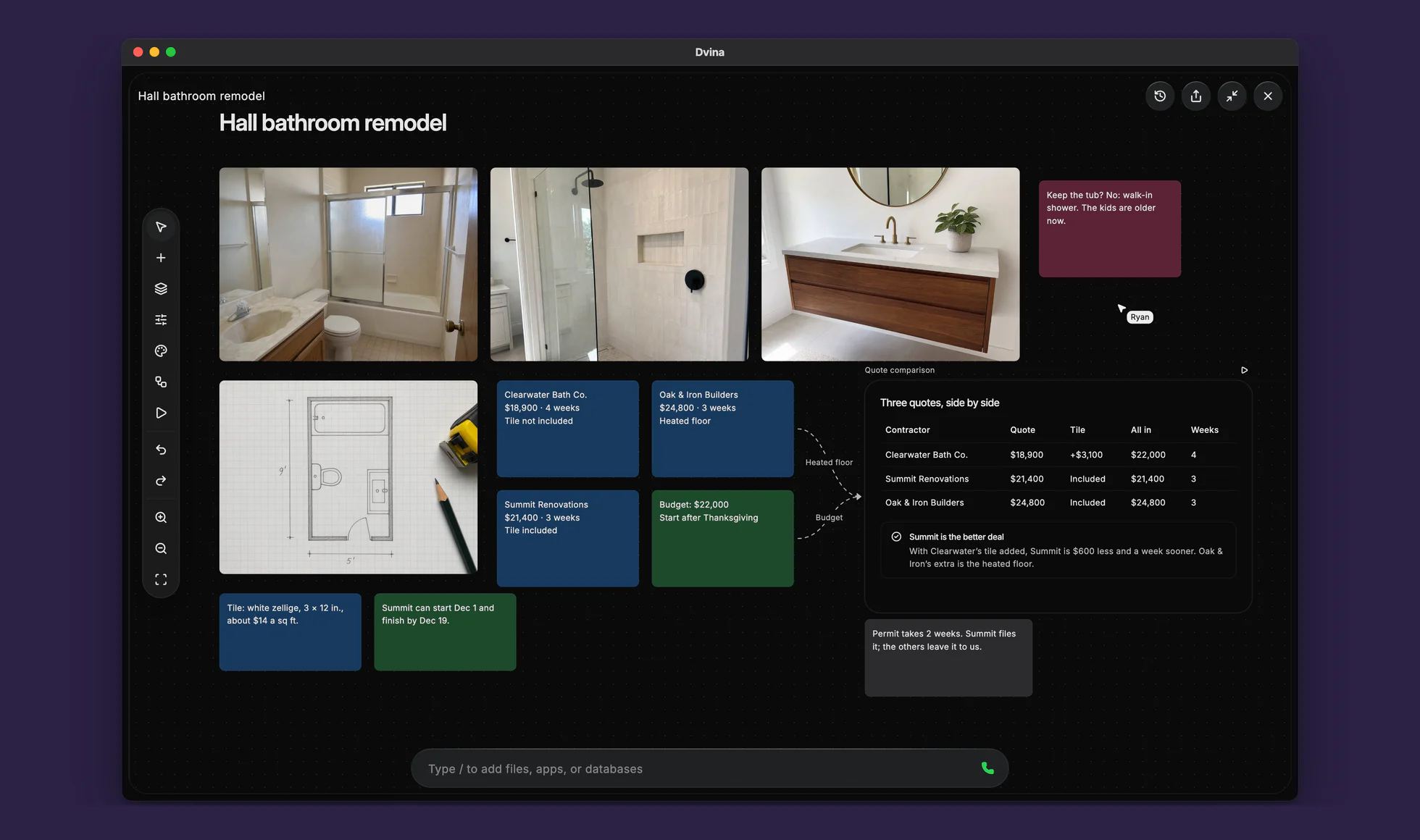 A bathroom remodel board: photos, a floor plan, three contractor quotes and Dvina’s side-by-side comparison.