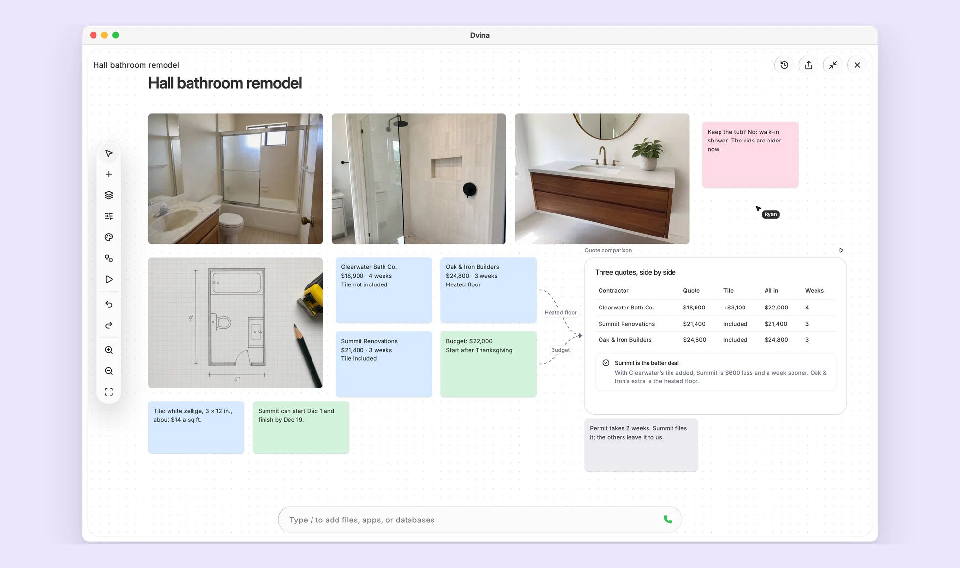 A bathroom remodel board: photos, a floor plan, three contractor quotes and Dvina’s side-by-side comparison.