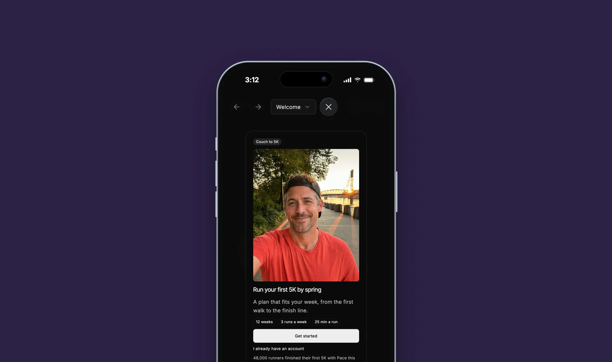 The onboarding prototype playing on an iPhone: Run your first 5K by spring, Get started.